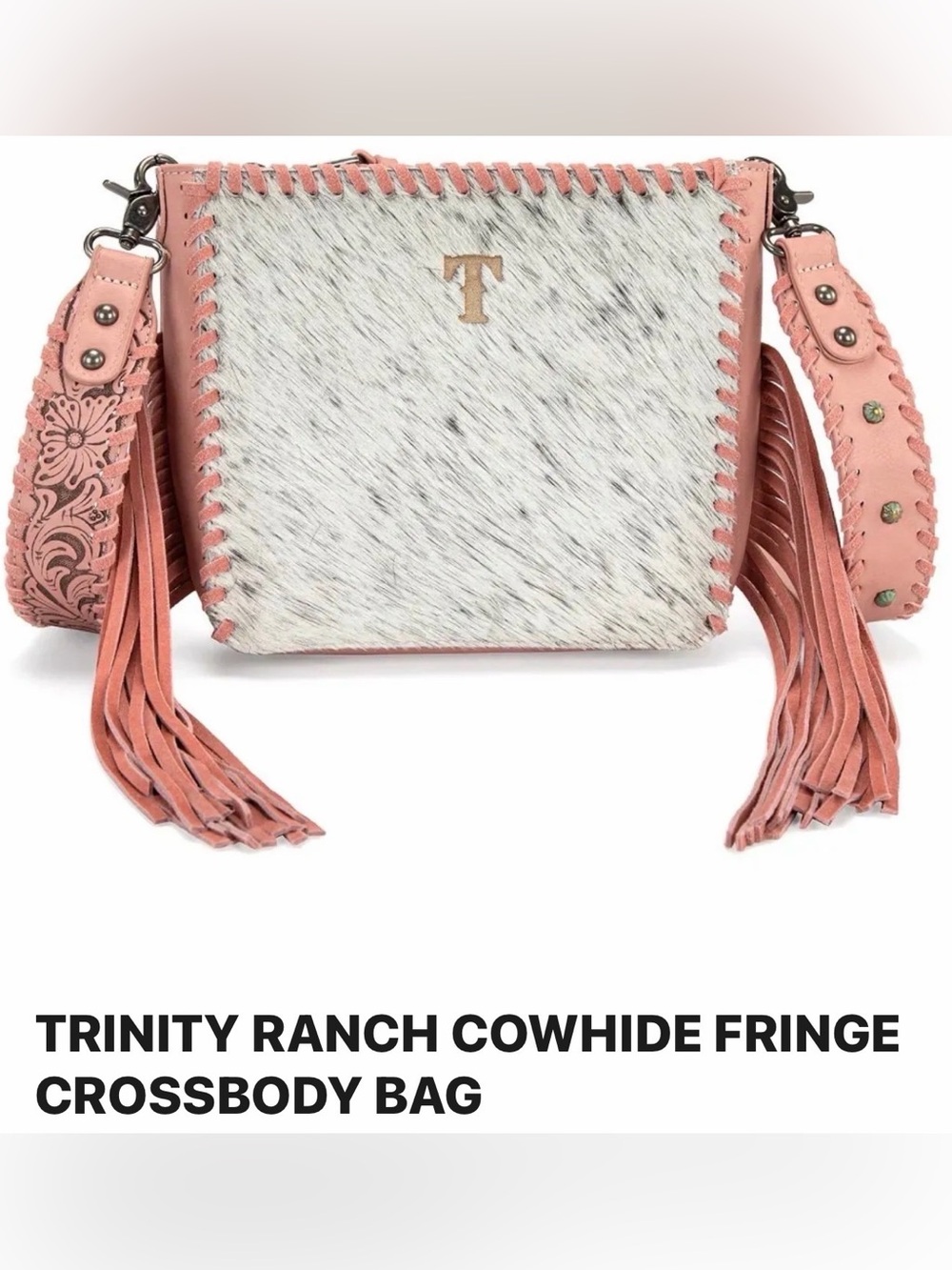 Trinity Ranch Pink Cowhide Fringe Crossbody with Gold 'T'